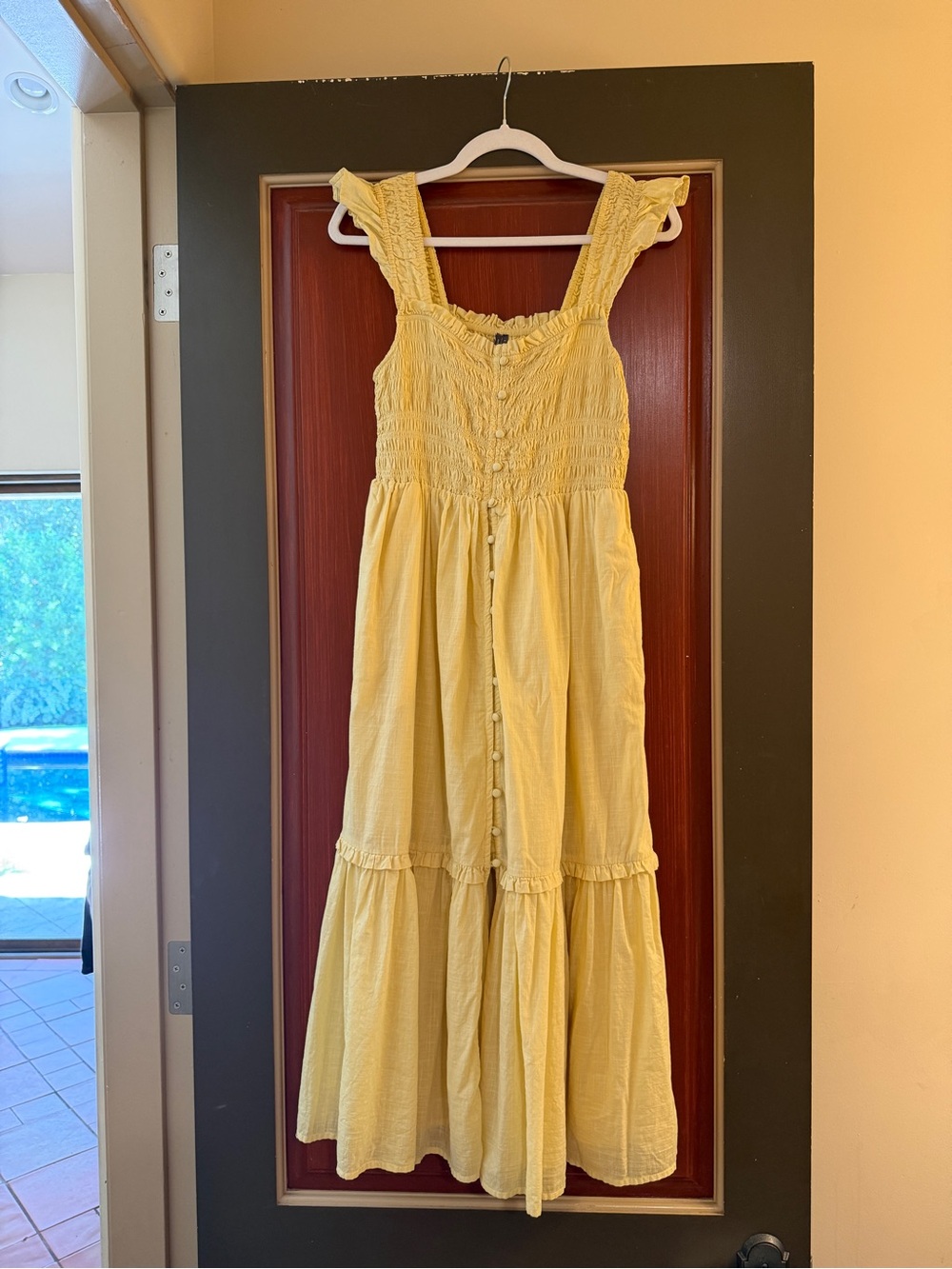Anthropologie Pale Yellow Smocked Tiered Midi Dress - Picture 1 of 3